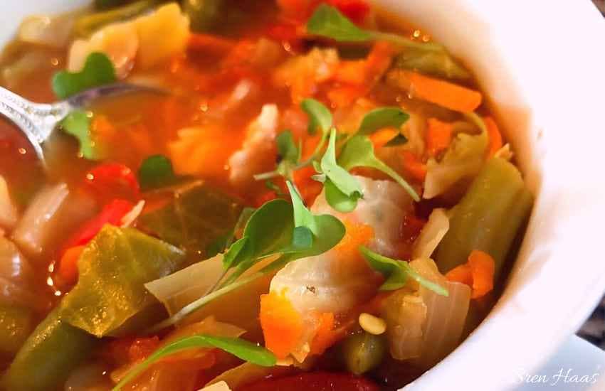 loaded with vegetables - cabbage soup in a bowl